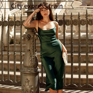 hollow dress风缎面修身 pleated fit 性感吊带露背连衣 slim Sexy
