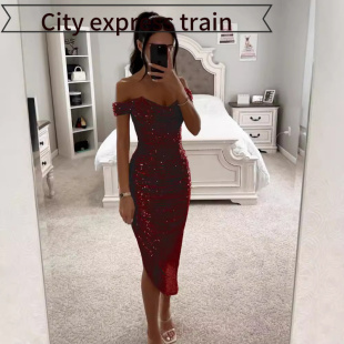 embroidered sequined dres春秋亮片连衣裙 neck sexy Women