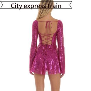 embroidered sequined dres性感吊带亮片蝴 neck sexy Women
