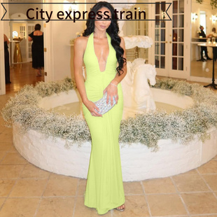 fit Sexy slim pleated dress风热销长裙性感气质深挂脖露 hollow