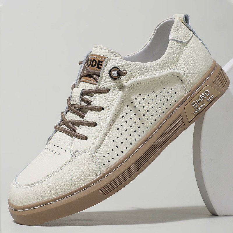 【商场同款】男士休闲皮鞋男款镂空透气运动鞋2025新款真皮软底耐