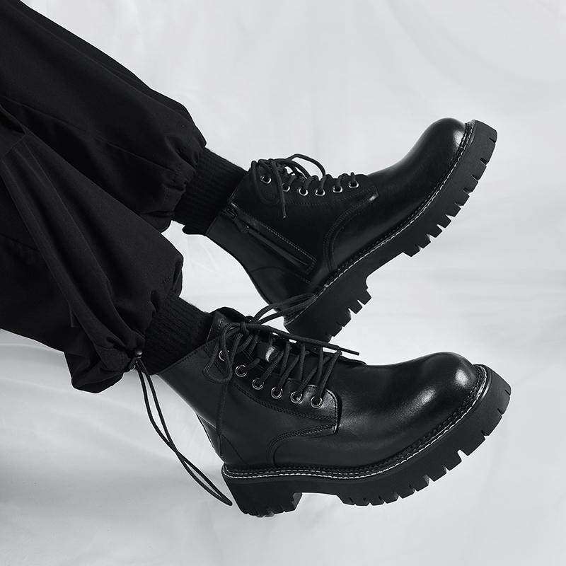 【商场同款】真皮马丁靴男中帮拉链英伦风增高工装机车靴秋季新款