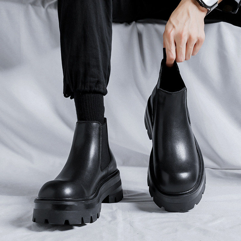 【商场同款】马丁靴男款英伦风中帮冬季加绒烟筒靴一脚蹬厚底增高