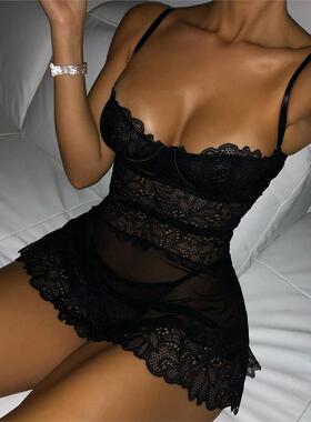 Sexy nightclub lace suit 性感辣妹气质黑色蕾丝镂空内衣套装女