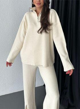 欧美秋季女装纯色拉炼针织套装高领家居服两件套Women Autumn Set