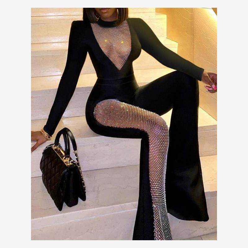 Rhinestone Fishnet Patch Flared Leg Jumpsuit镂空网钻连体裤