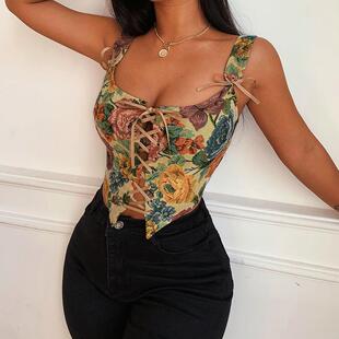 Floral Lace Print Corset Crop Women Camis Holl Straps Top