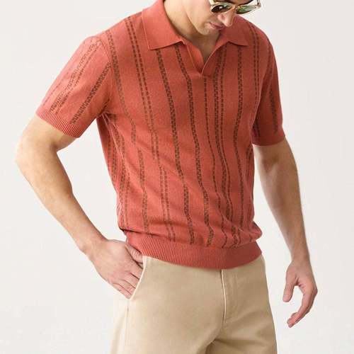 2025夏季时尚休闲短袖V领针织上衣欧美男士大码POLO衫Men T-Shirt