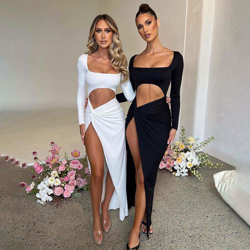 过渡性感ZONE 气质长袖镂空高开衩洋装过膝长裙U领抓绒气质礼服