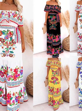 One shoulder red floral print long swing dress一字肩连衣裙