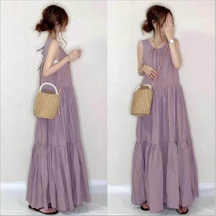 跨境日系小清新宽松超长无袖连衣裙夏蓬蓬后背系带拖地背心长裙子