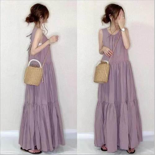 跨境日系小清新宽松超长无袖连衣裙夏蓬蓬后背系带拖地背心长裙子