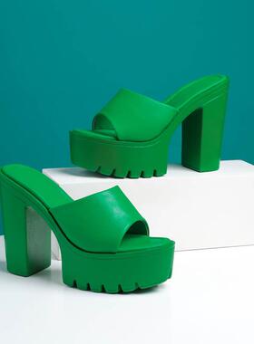 欧美厚底大码高跟拖鞋粗跟纯色水台女鞋凉鞋Lazada Women Sandals