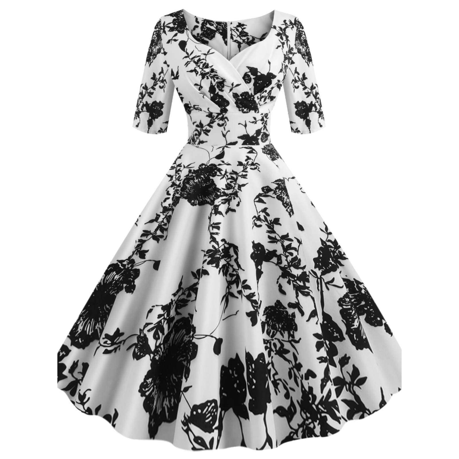 欧美风时尚热卖夏季新款时复古赫本风 印花V领中袖大摆裙连衣裙潮