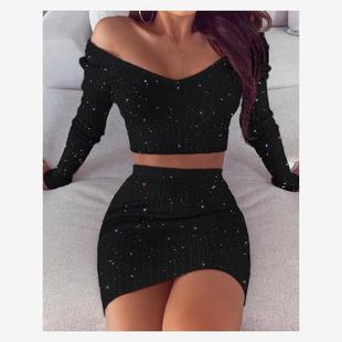 Skirt 洒金上衣紧身包臀短裙两件套女Glitter Top Sets Crop