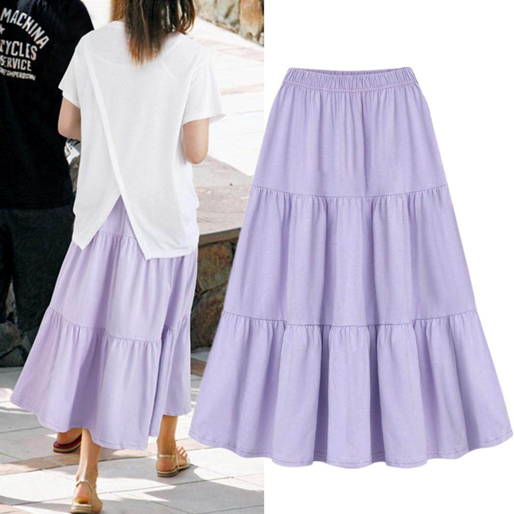 日系外贸秋季新款纯色宽松休闲中长款半身裙小清新中腰荷叶边裙