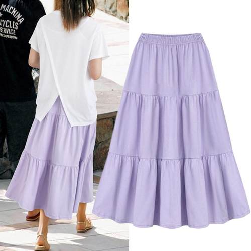 日系外贸秋季新款纯色宽松休闲中长款半身裙小清新中腰荷叶边裙