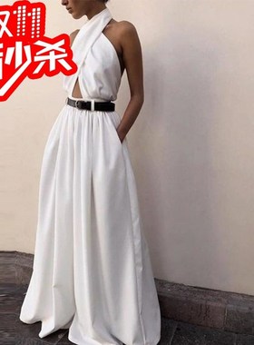 2020夏季白色挂脖妇女连体裤Sexy halter women's white jumpsuit