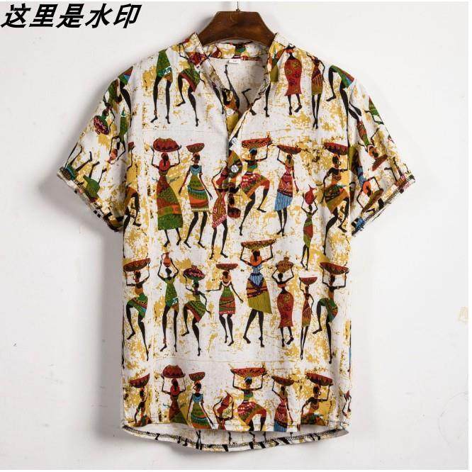 African shirt非洲 风情威夷风格美码印花短袖衬衫男士休闲T恤