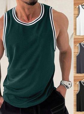 2025夏季针织竖条纹健身运动修身背心男工字拼色 Men