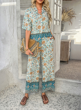 Women suit printed bohemian tops long pants set 印花套装人棉