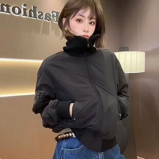 冬季新款韩版简约百搭黑色立领短款棉服外套宽松飞行员夹克棒球服