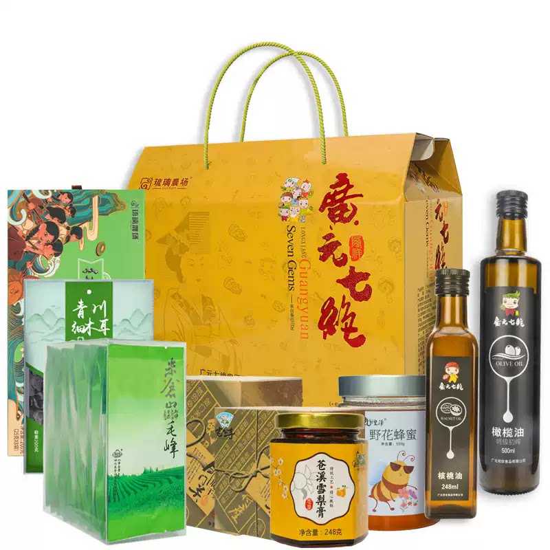 广元七绝大礼包含橄榄油核桃油蜂蜜青川黑木耳剑门关豆腐猕猴桃干