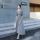 大货已出2022夏新款复古洋气V领格子收腰连衣裙长裙6013-P90-K158，女装连衣裙，堇色