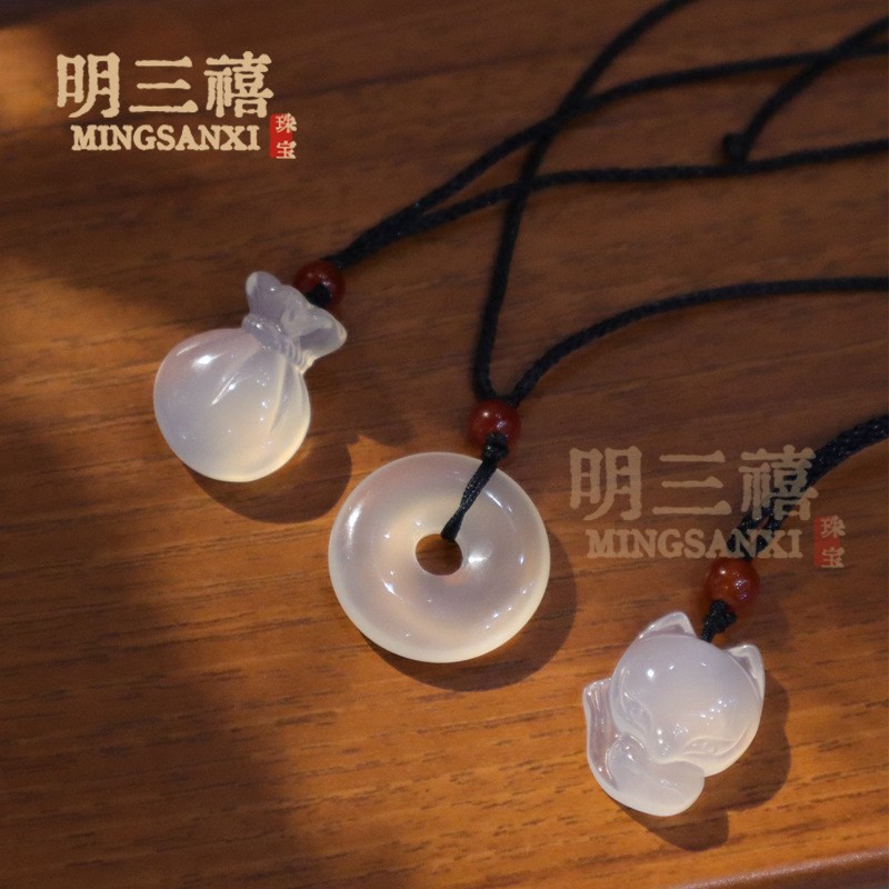 2026天然冰种玉髓平安扣玉吊坠狐狸链男女情侣玛瑙钱袋福袋吊坠挂