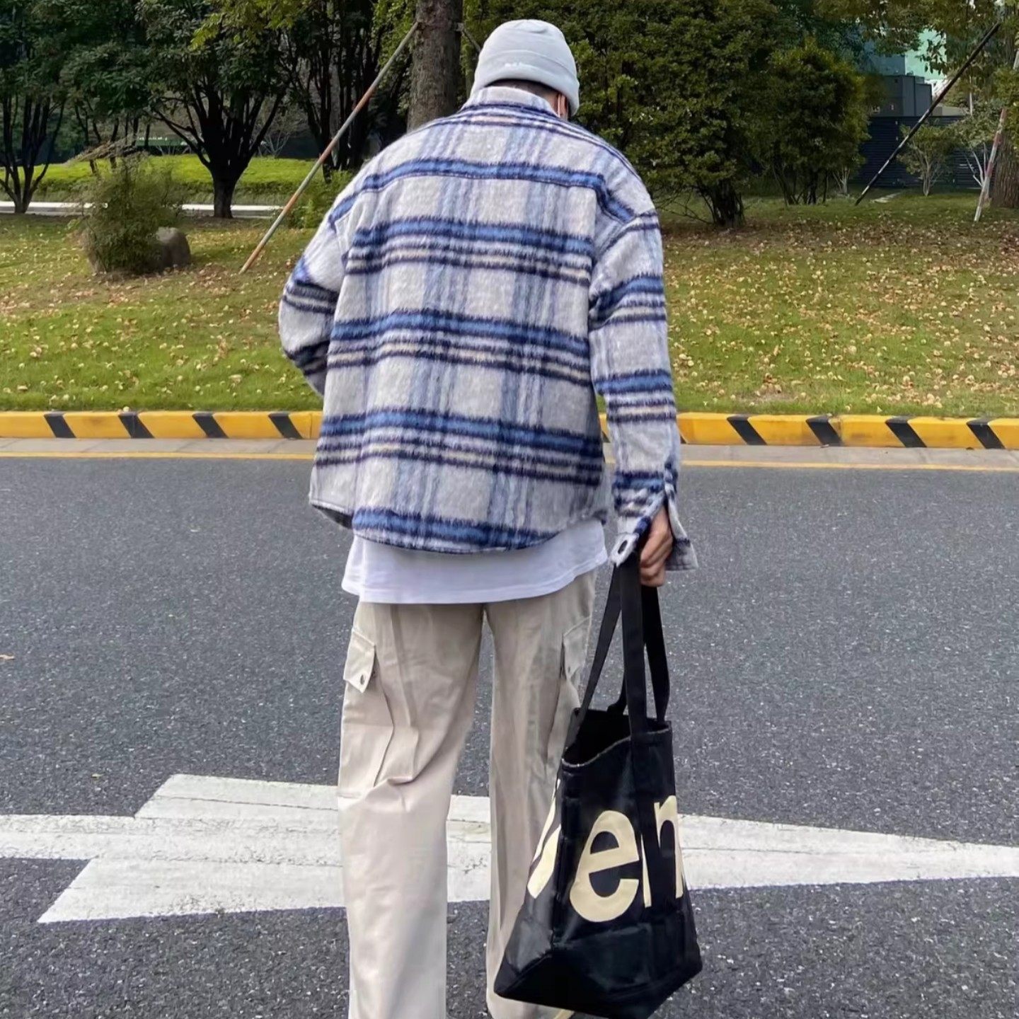 W年货 自带毛感 撞色格纹仿毛呢长袖衬衫重磅复古廓形加厚男衬衣