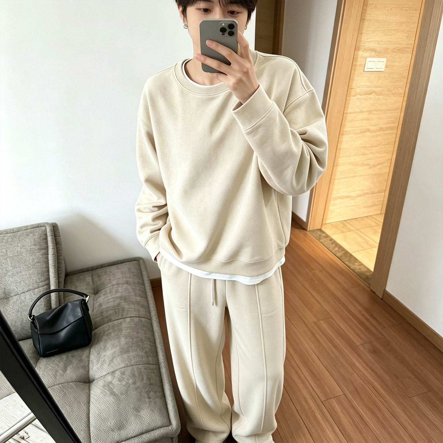 肌理漫感 假两件圆领卫衣套装男 宽松卫裤卫衣简约松弛感休闲套装