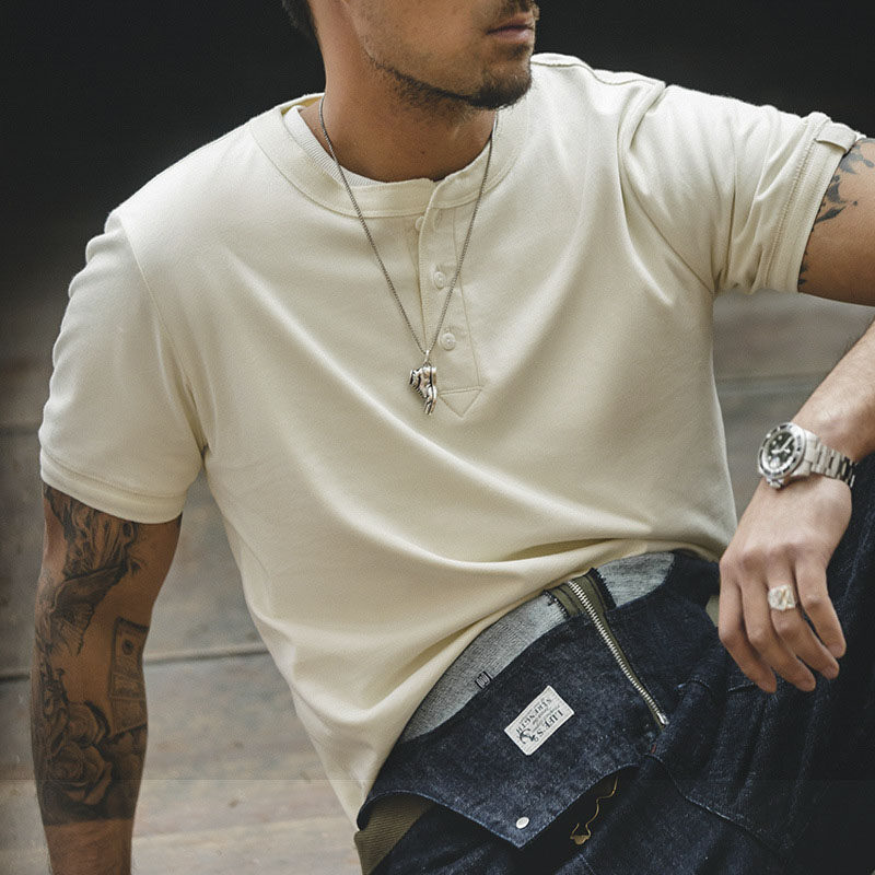 w姚表哥家 美式复古阿美咔叽短袖亨利衫夏季军绿微弹硬汉t恤男