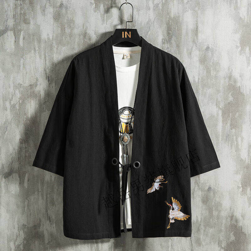 创京懿选夏季中国风羽织道袍男士汉服开衫麻日式和服亚麻七分袖衬
