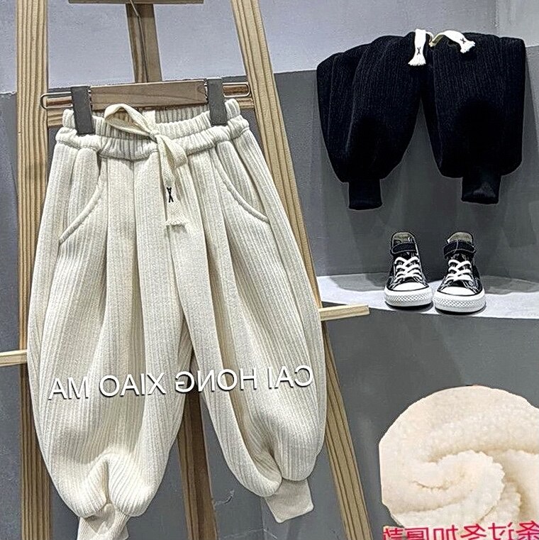 加厚一体绒裤子2023韩系男女儿童雪尼尔冬款童秋冬保暖束脚哈伦裤