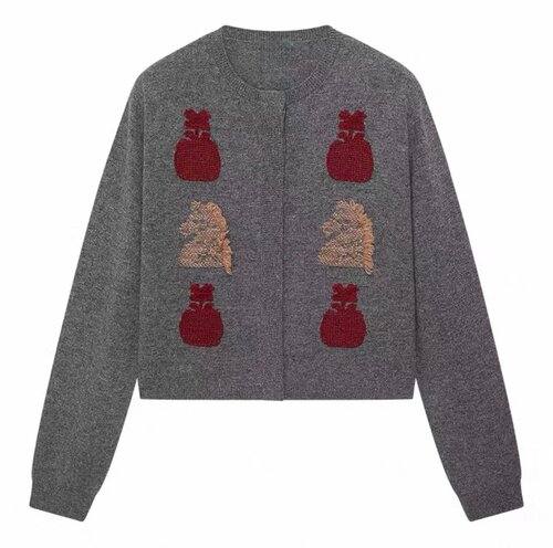 现货毛衣2026年春季全羊毛中灰提花圆领毛织开衫2K1YE27