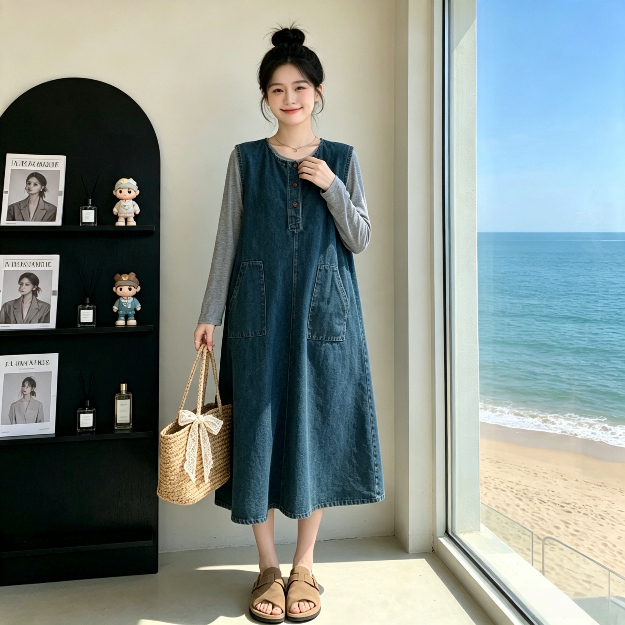 孕妇装秋装新款牛仔背心裙套装孕期孕妈高级穿搭宽松遮肚子两件套