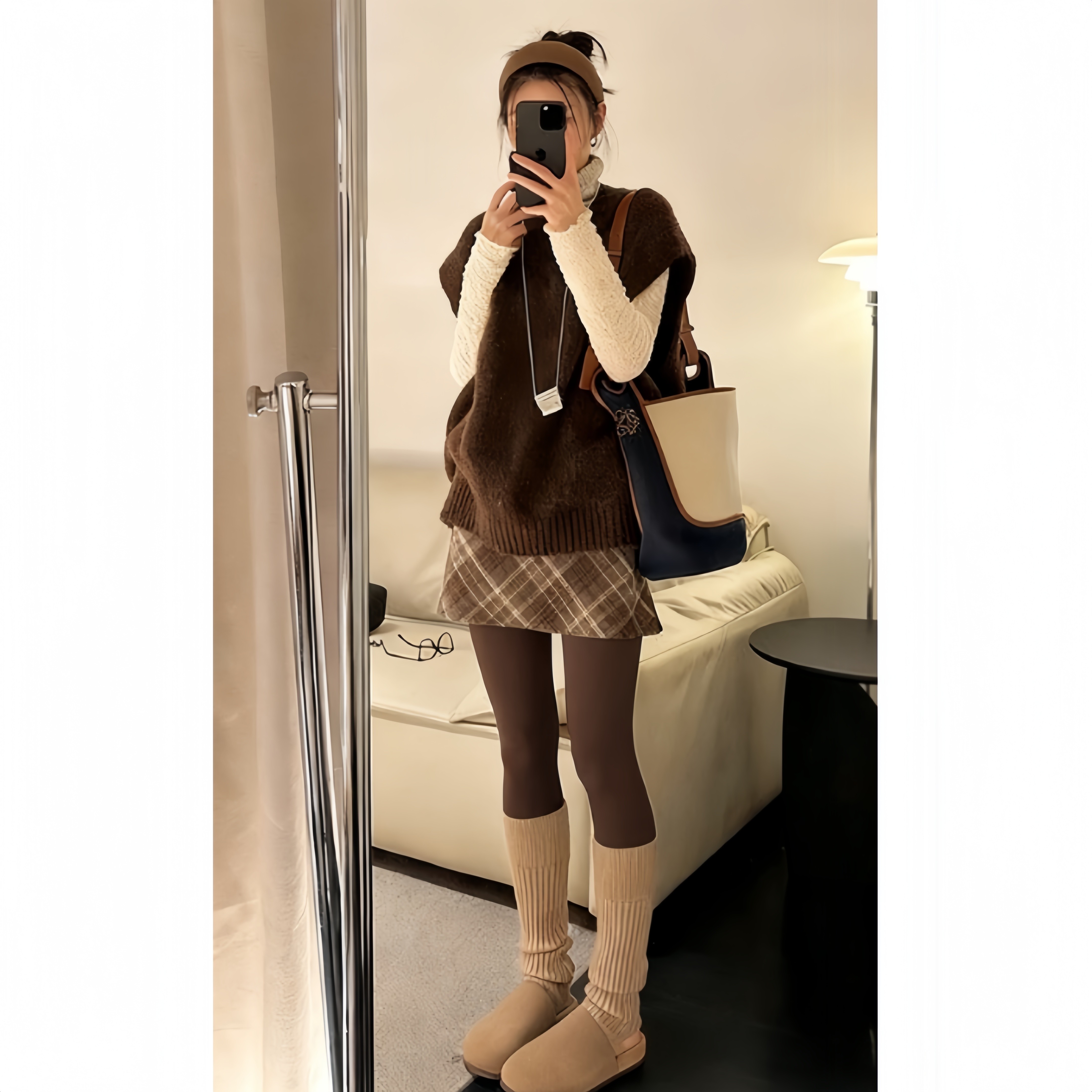 孕妇秋冬高领针织马甲三件套潮妈