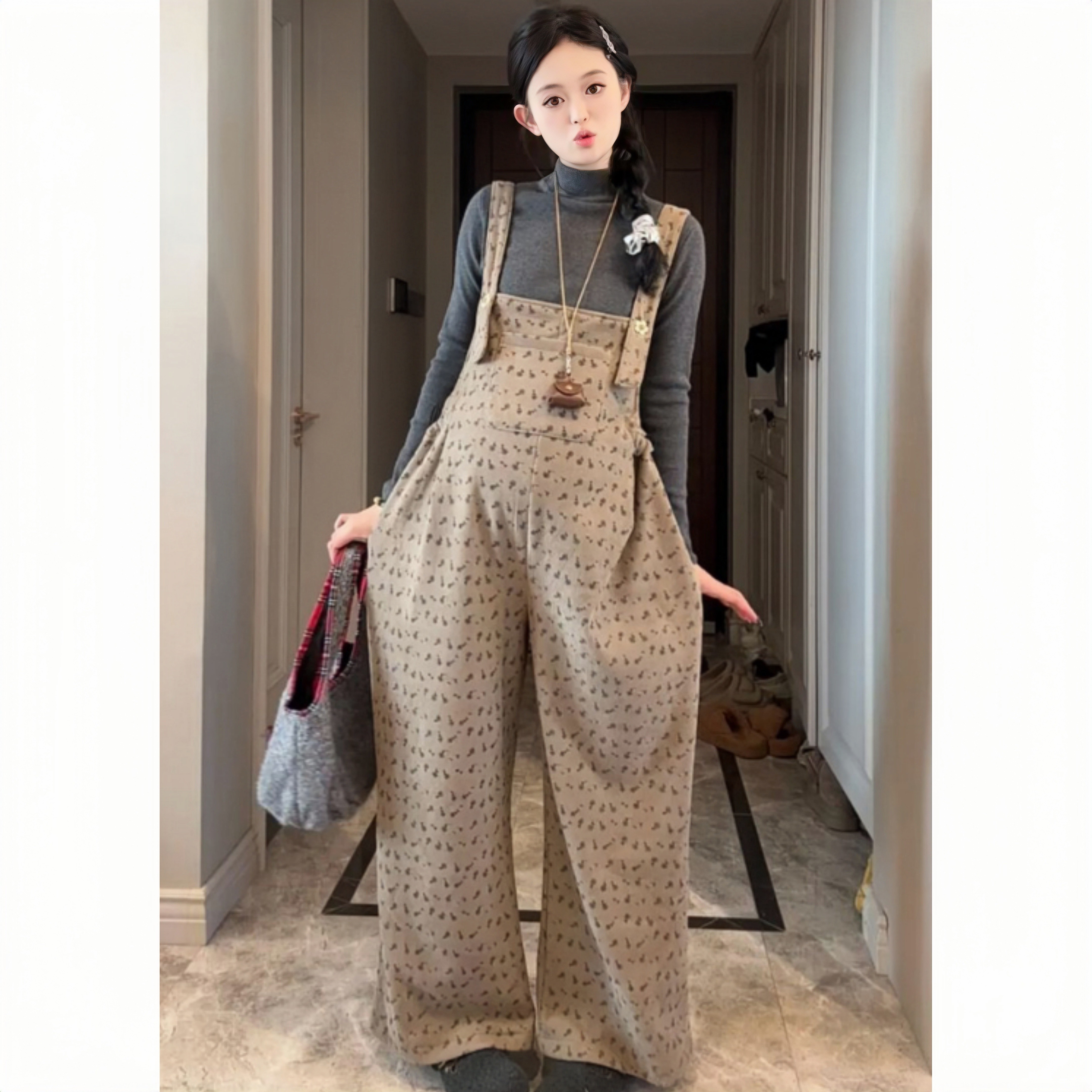 孕妇套装秋冬显瘦打底衣孕期宽松遮肚不显怀加绒碎花背带裤两件套