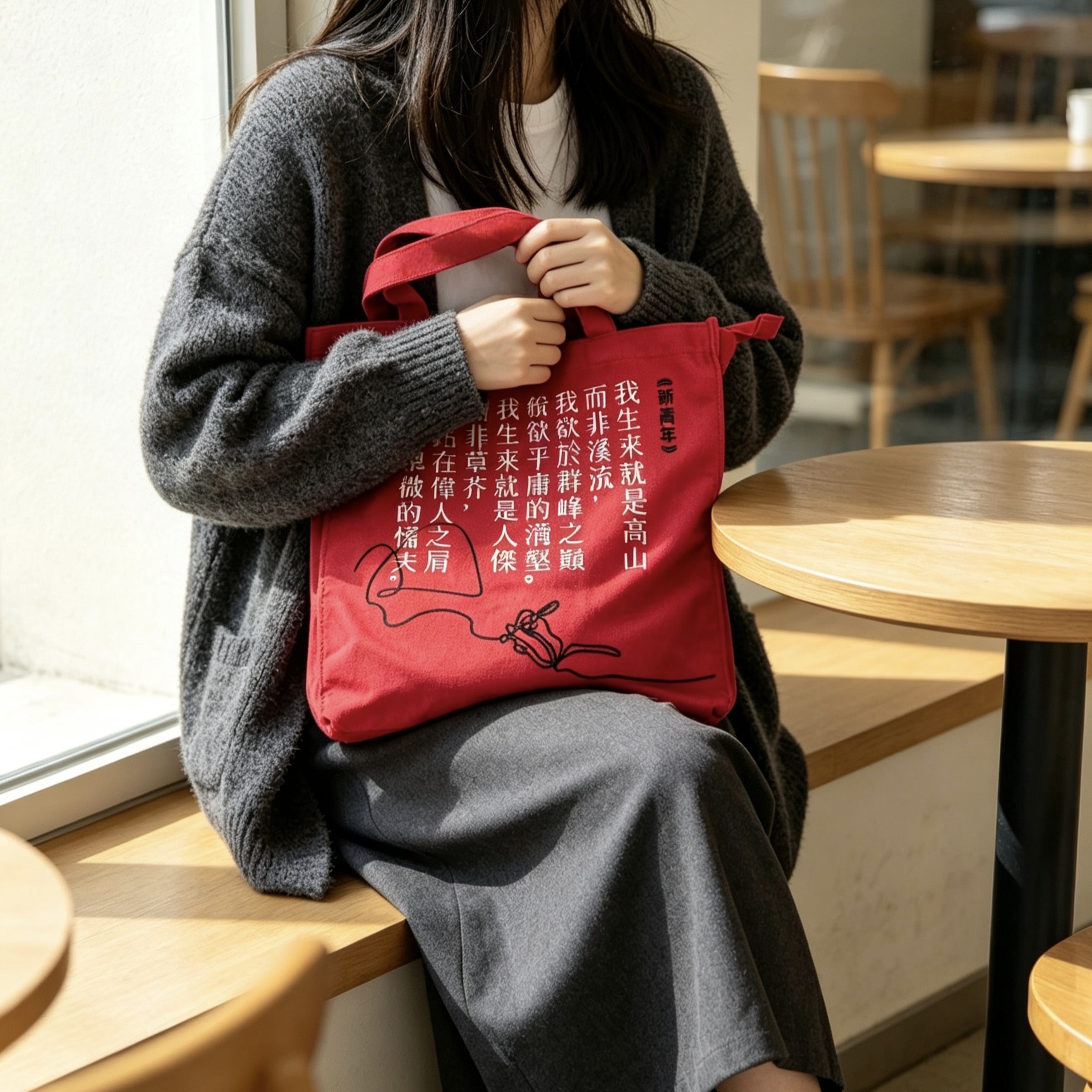 新青年女性周边红色拉链帆布包大容量托特包上课通勤单肩手提布袋