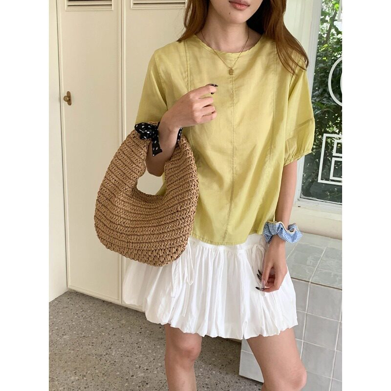 青栀里南风小铺2026新款自在呼吸天丝苎麻后背系带圆领短袖衬衫女