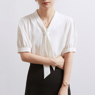 CHICBLISS 白色飘带衬衫女短袖夏季雪纺气质通勤职业垂感V领衬衣