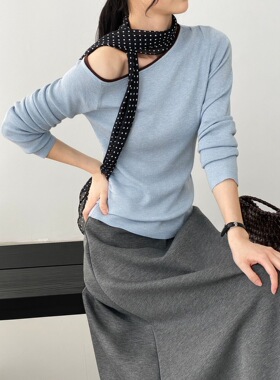 u m由米早春6羊毛斜肩撞色慵懒温柔修身百搭套头上衣潮