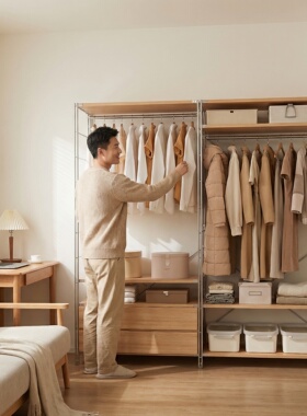 中古风家用衣帽架衣柜衣服书柜置物架衣帽间卧室开放式落地衣橱柜