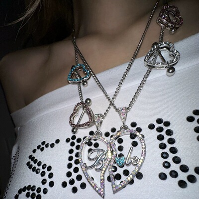 Srrybabe 闪钻babe爱心耳环/破碎爱心 babe长款双条破碎爱心项链