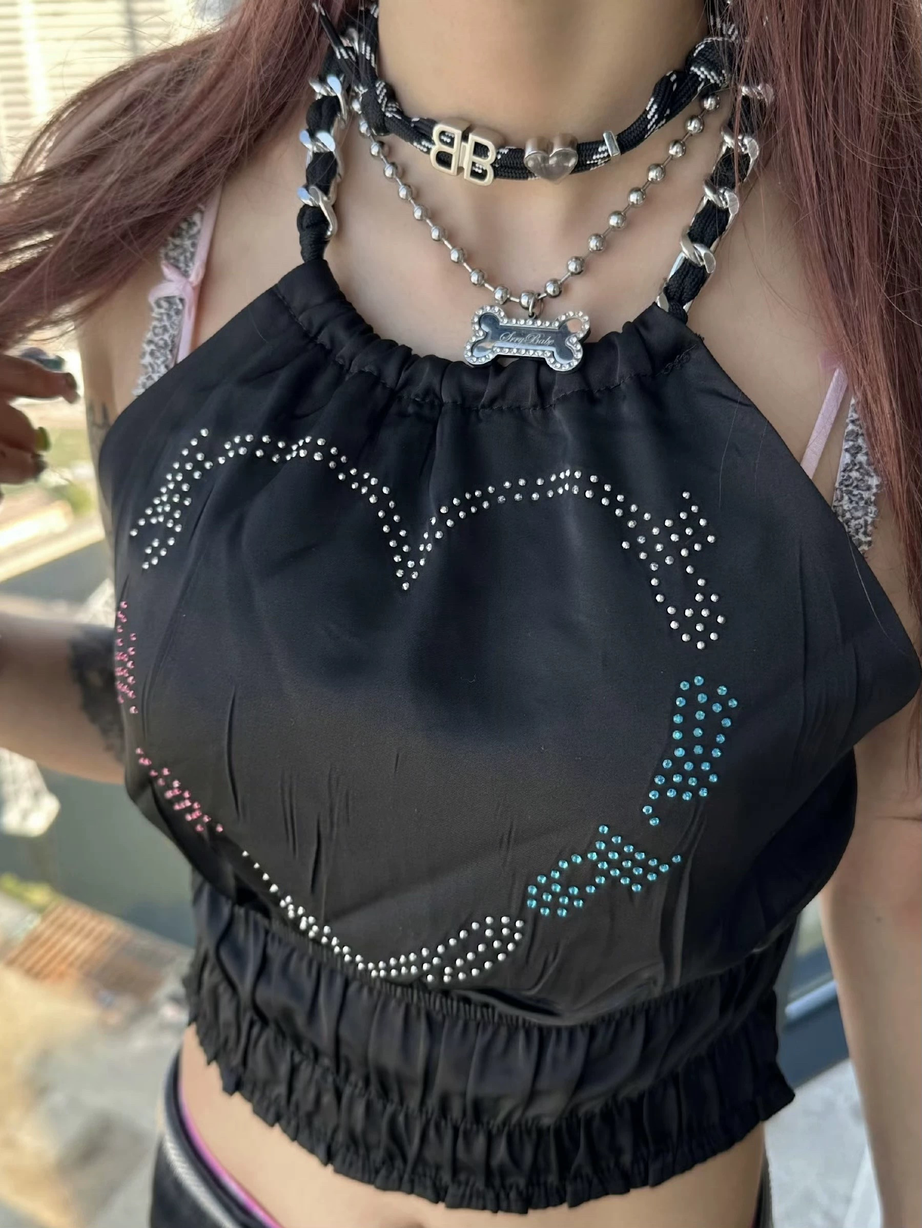 Srrybabe logo镶钻珠珠链条狗牌狗狗合金项链 清仓特惠