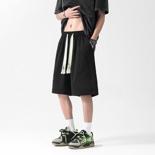 男女潮牌街头宽松阔腿五分卫裤 夏季 简约纯色纯棉编织抽绳运动短裤