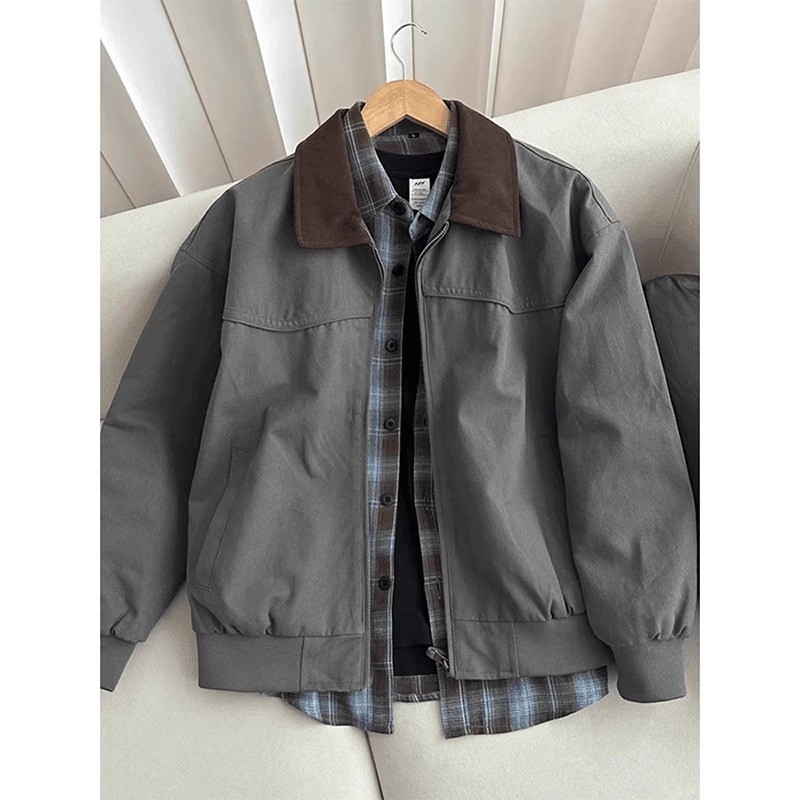 美式复古黑色底特律夹克外套潮牌高级感cleanfit短款翻领棒球服男