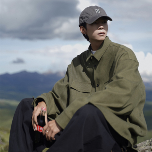 衬衫 宽松大码 男款 工装 潮牌潮流军绿色外套 春秋季 日系cityboy长袖