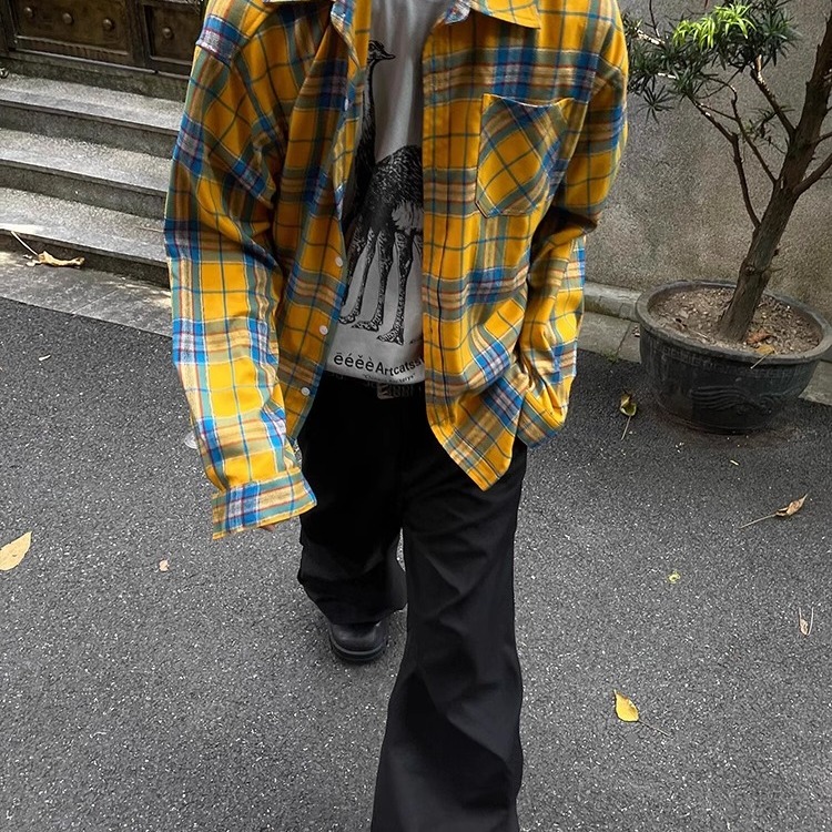 春季黄色磨毛长袖格子衬衫男女潮