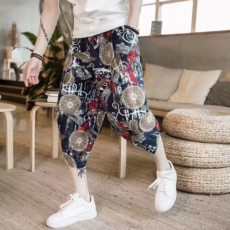 夏季灯笼裤男士棉麻阔腿小脚宽松大码中国风七分沙滩哈伦休闲短裤